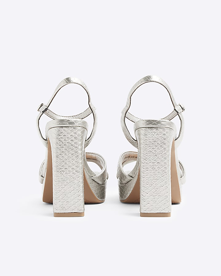 Silver croc embossed platform heeled sandals