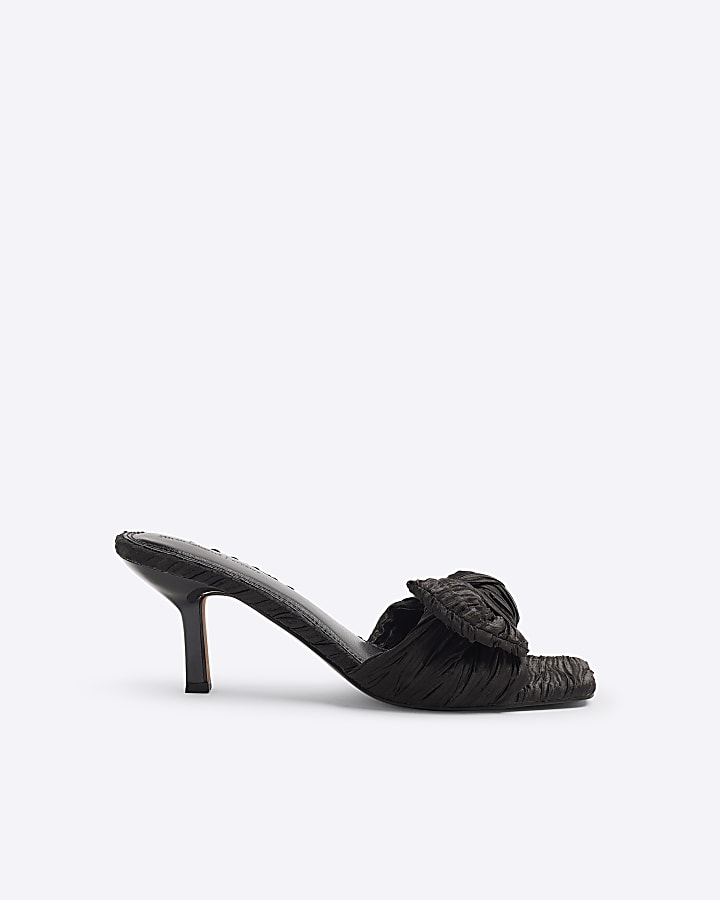 Black ruched bow mule heeled sandals