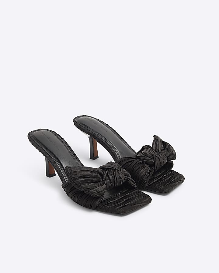 Black ruched bow mule heeled sandals