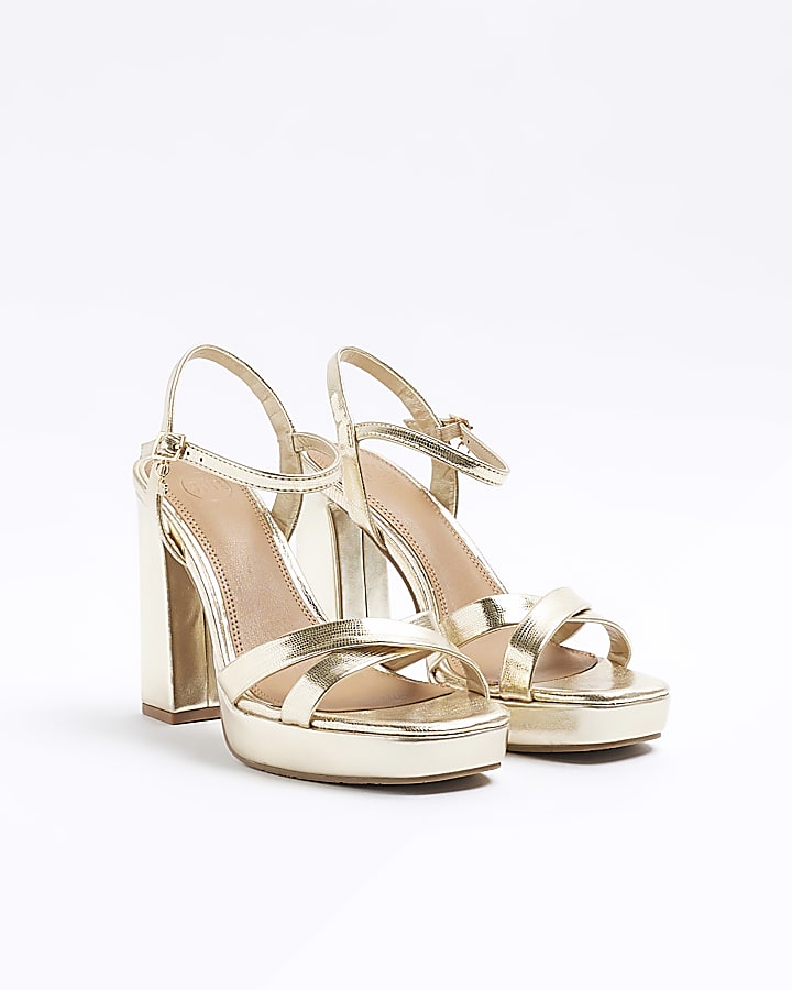 Gold wide fit crossed strap heeled sandals