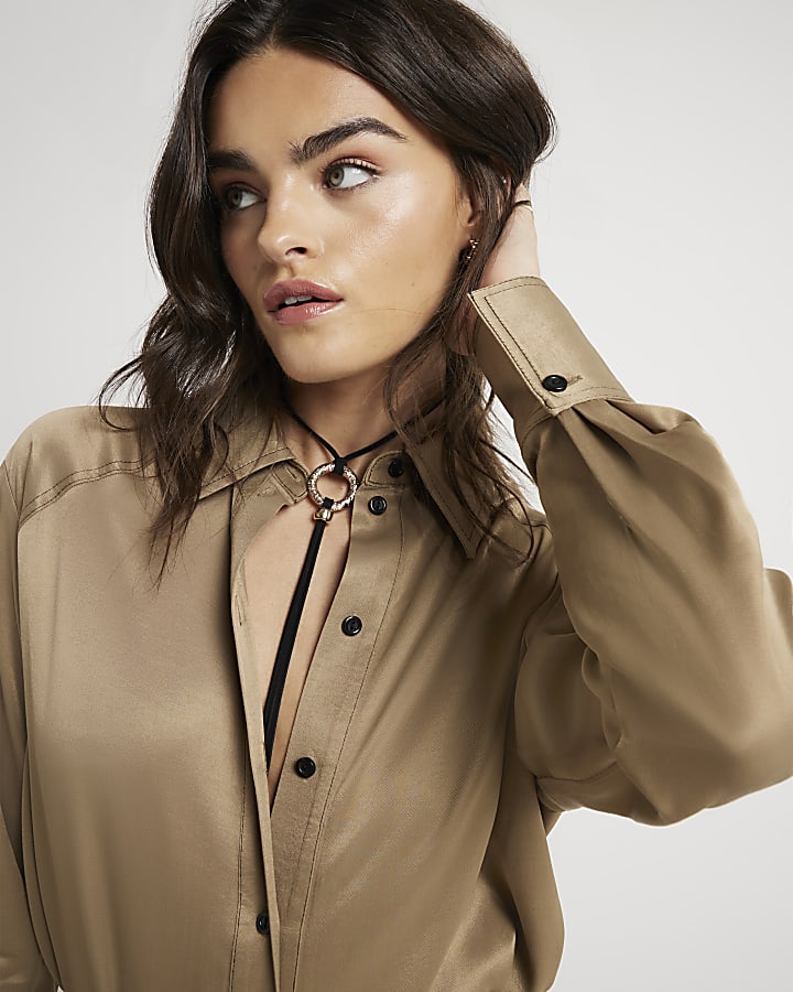 Beige premium Satin Oversized Shirt