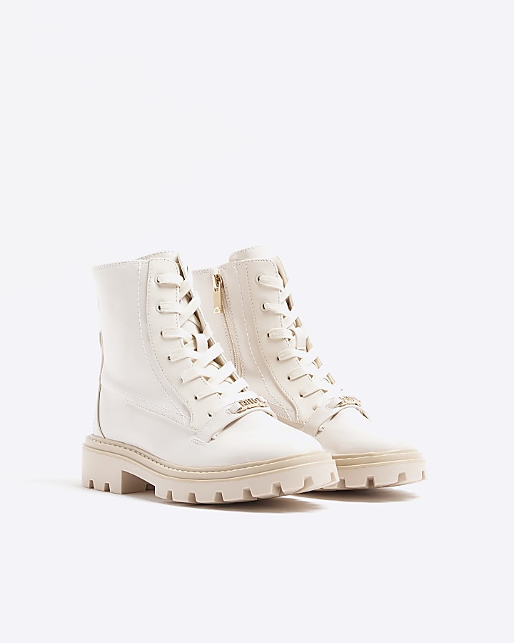Cream wide fit lace up ankle boots