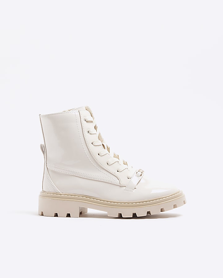 Cream wide fit lace up ankle boots