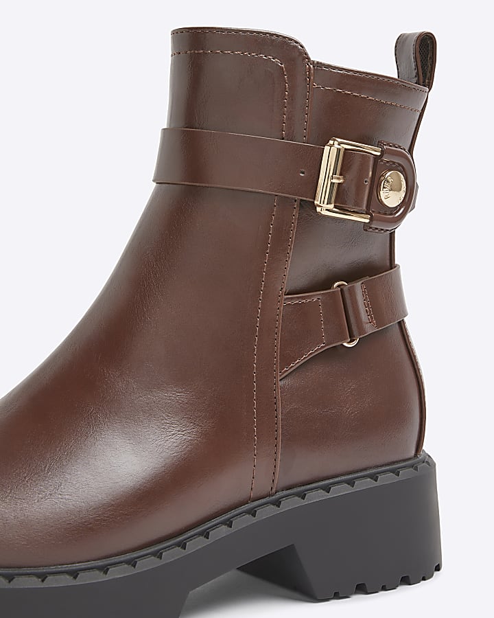 Brown wide fit buckle chunky ankle boots