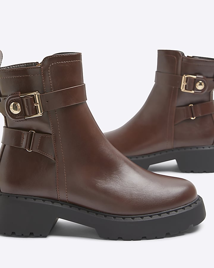 Brown wide fit buckle chunky ankle boots