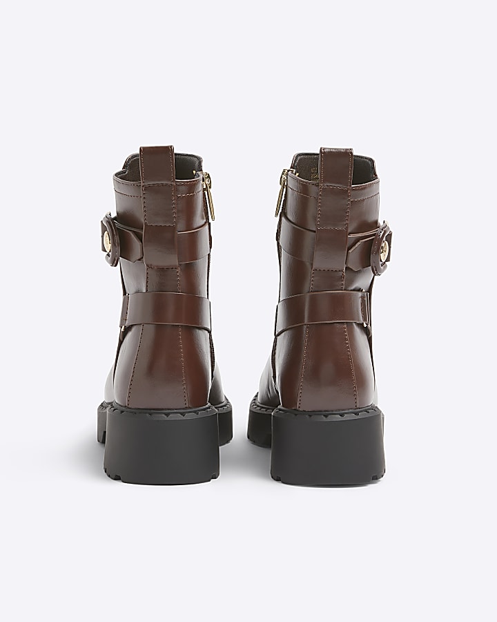 Brown wide fit buckle chunky ankle boots