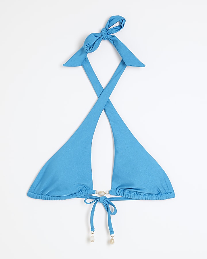 Blue halter neck beaded bikini top