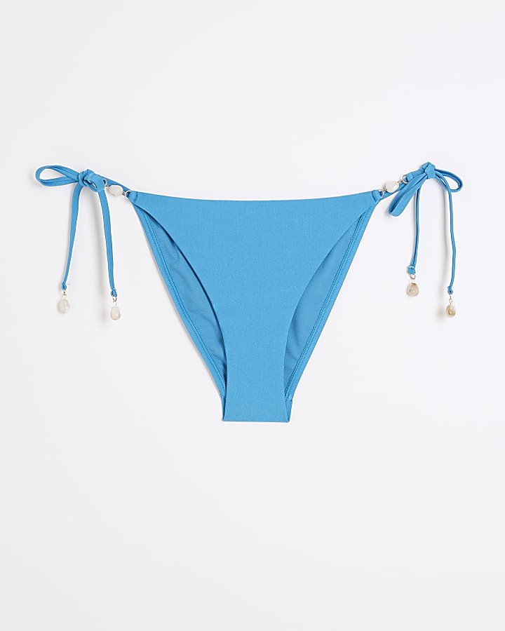 Blue low rise tie side beaded bikini bottoms