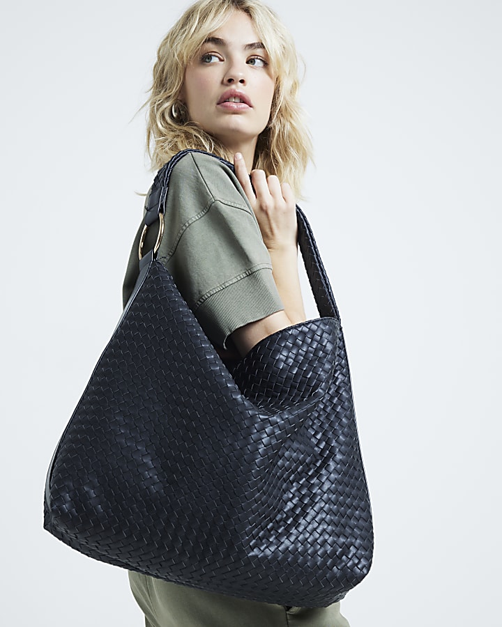 Black woven tote bag sale