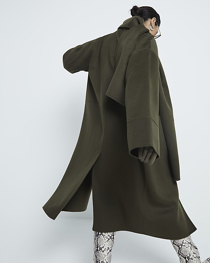 Khaki Premium Wool Blend Scarf Coat