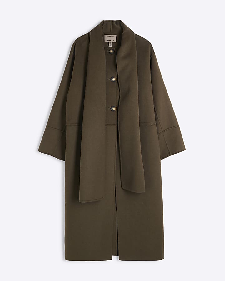 Khaki Premium Wool Blend Scarf Coat