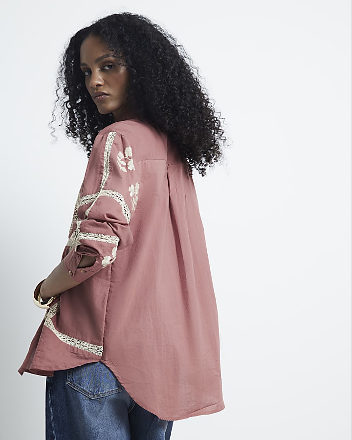 Pink patchwork lace trim shirt