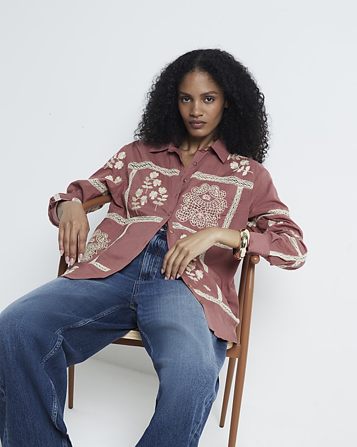 Pink patchwork lace trim shirt