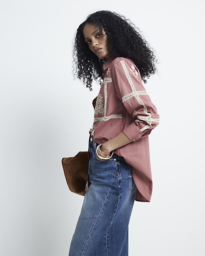 Pink patchwork lace trim shirt