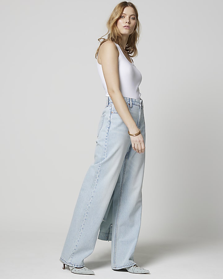 Blue high waisted relaxed straight jeans