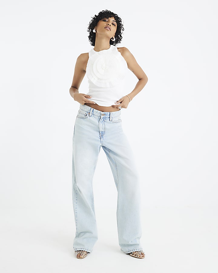 Blue high waisted relaxed straight leg jeans