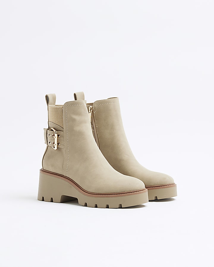 Beige wide fit buckle detail chelsea boots