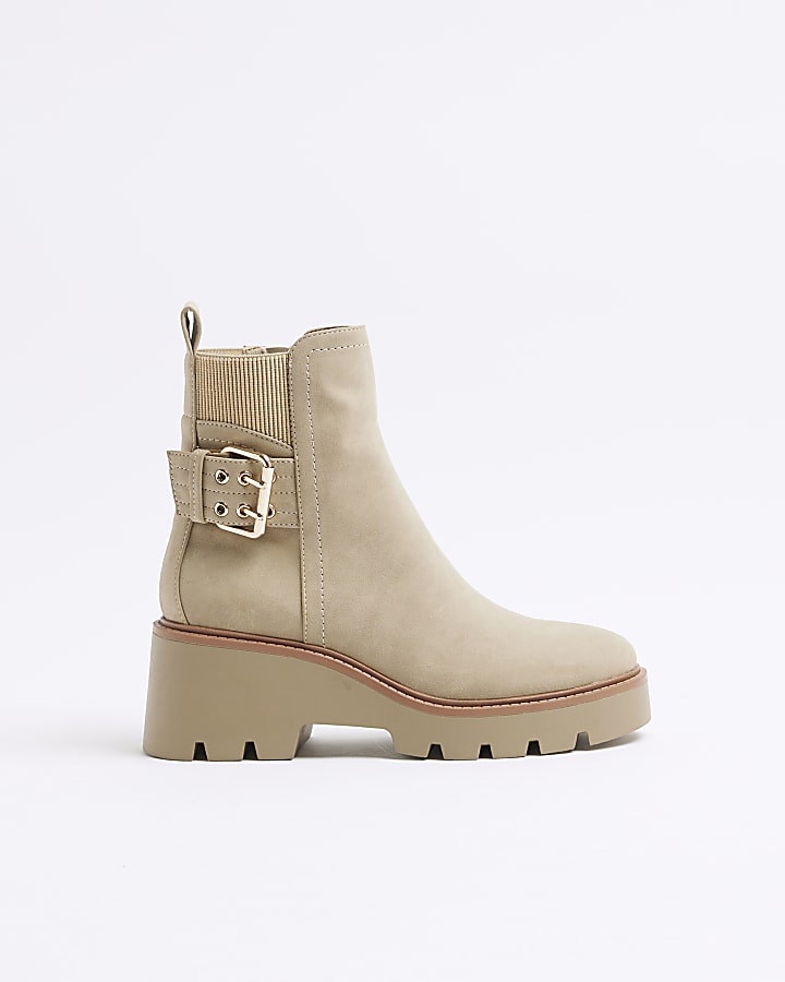 Beige wide fit buckle detail chelsea boots