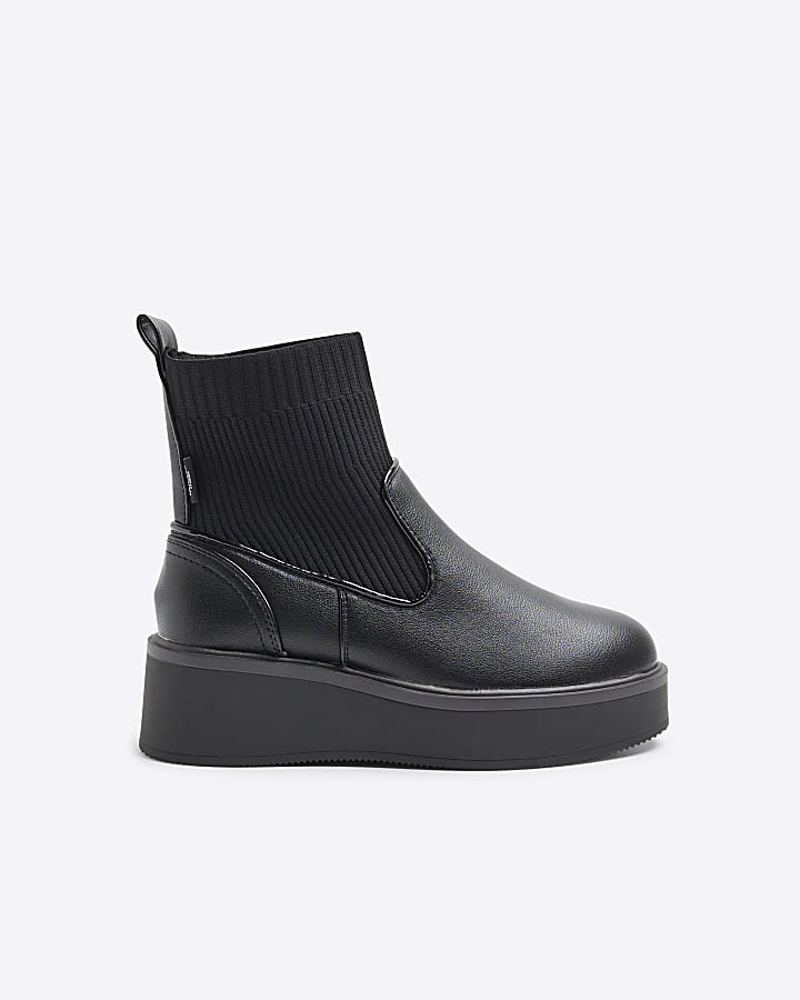 Black Wide fit knitted wedge ankle boots