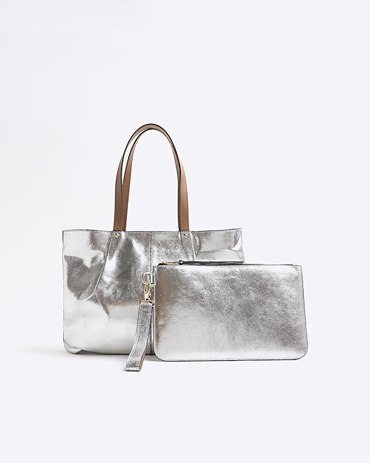 Silver Metallic Leather Shopper Bag Bundle