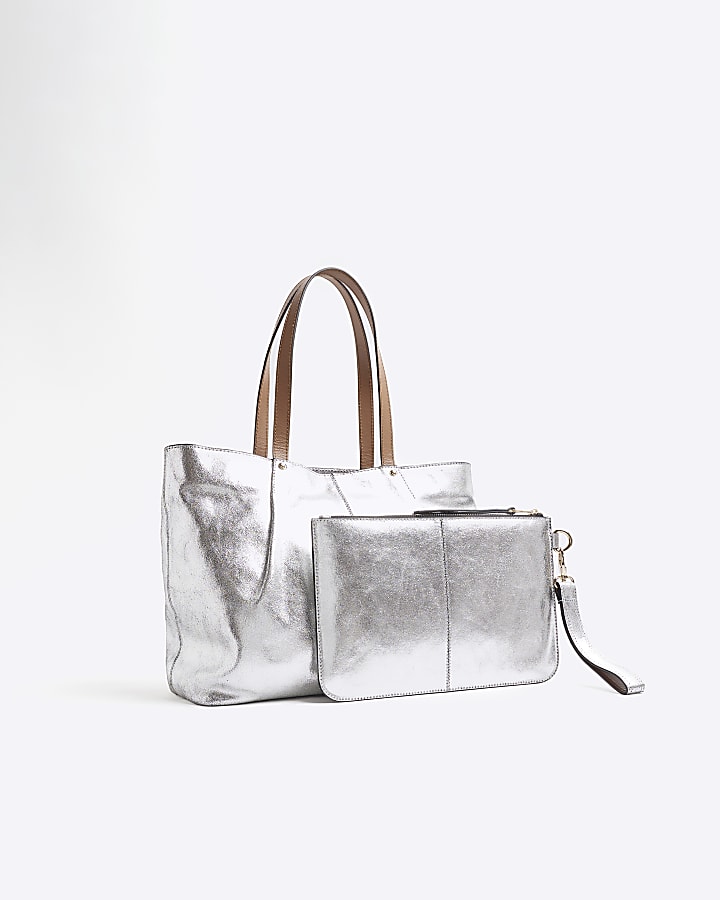 Silver Metallic Leather Shopper Bag Bundle