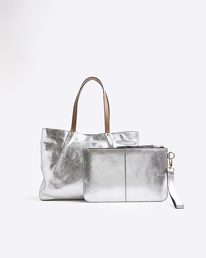 Silver Metallic Leather Shopper Bag Bundle