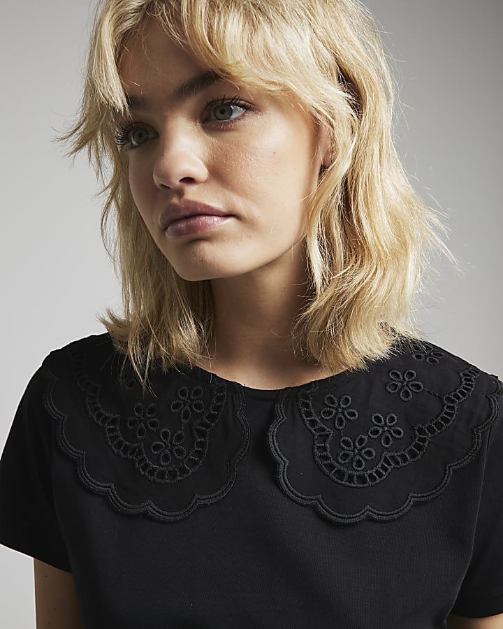 Black broderie collar t-shirt