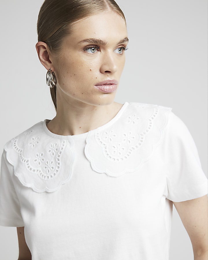 White broderie collar t-shirt