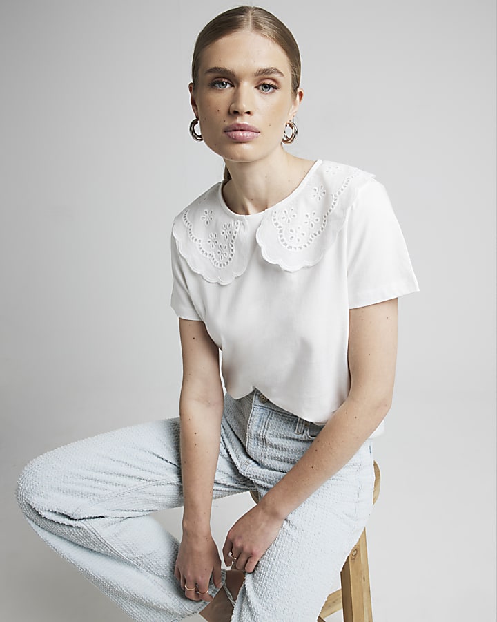 White broderie collar t-shirt