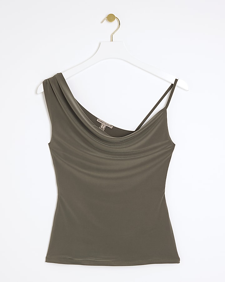 Khaki Asymmetric Cowl Neck Top