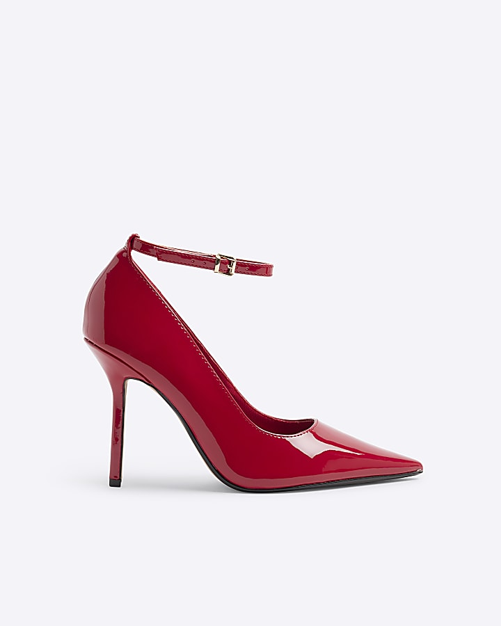 Red ankle strap heeled court shoes