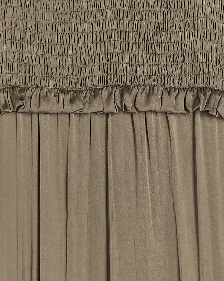 Khaki satin shirred slip midi dress