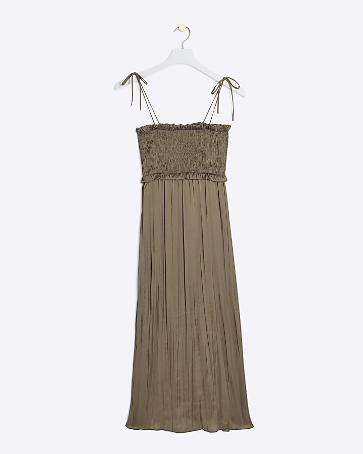 Khaki satin shirred slip midi dress