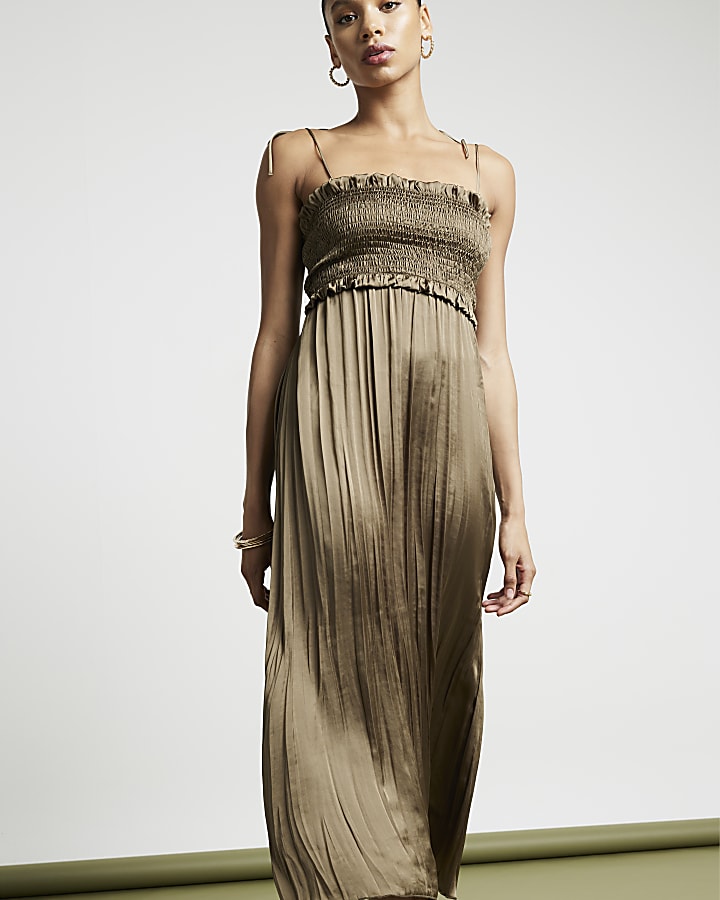 Khaki satin shirred slip midi dress