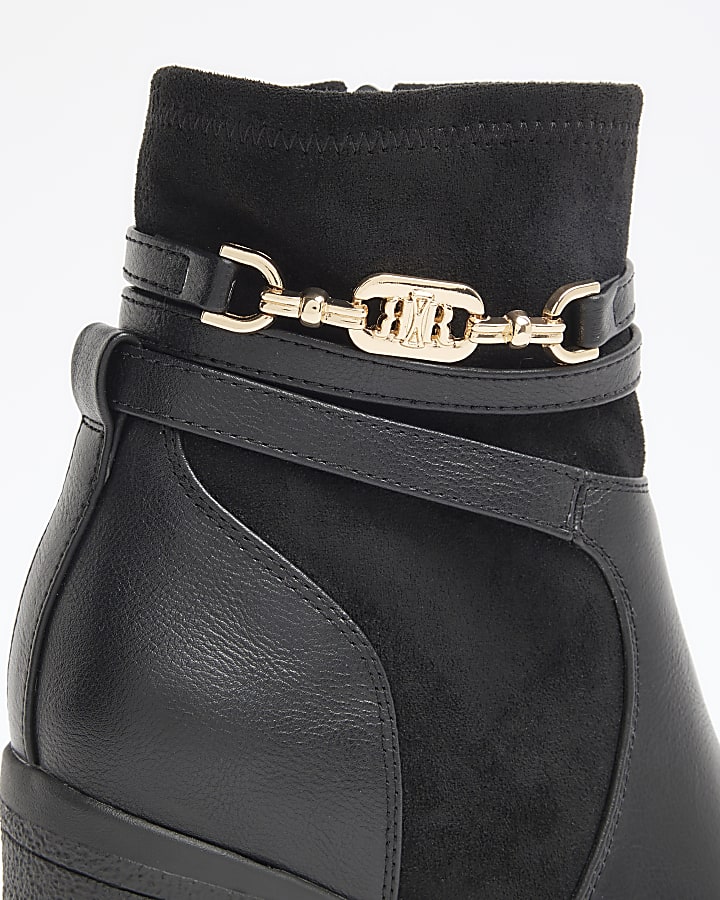 Black wide fit hardware strap heeled boots