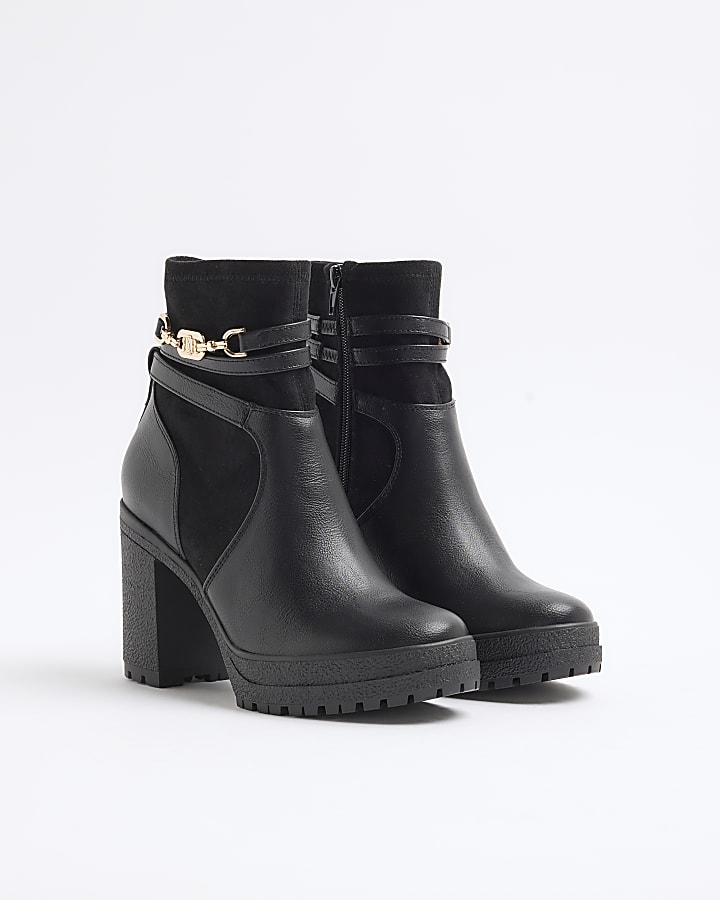 Black wide fit hardware strap heeled boots