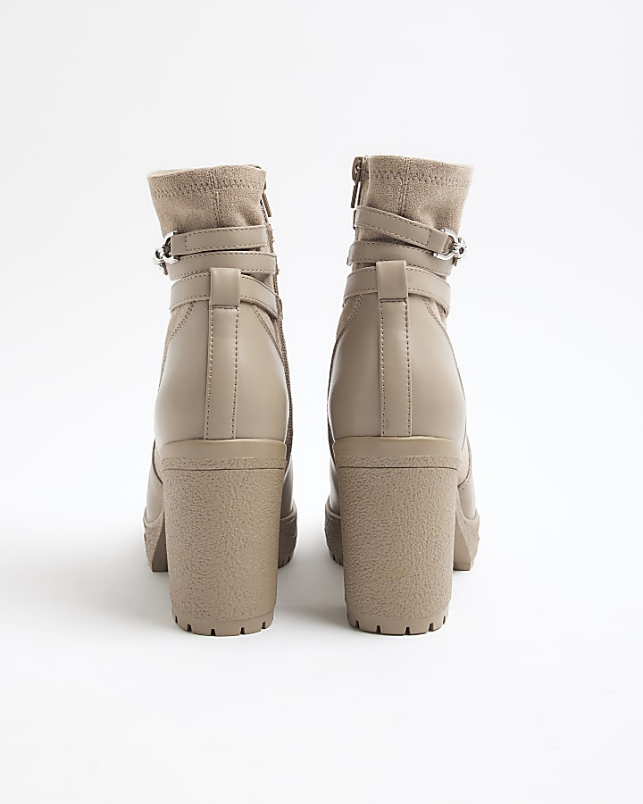 Beige wide fit hardware strap heeled boots
