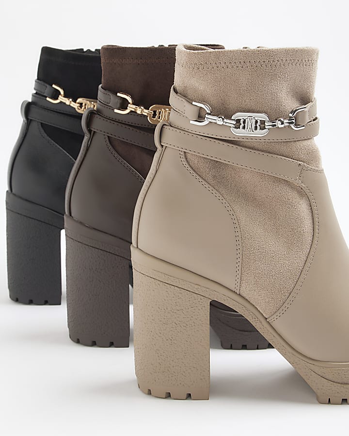 Beige wide fit hardware strap heeled boots