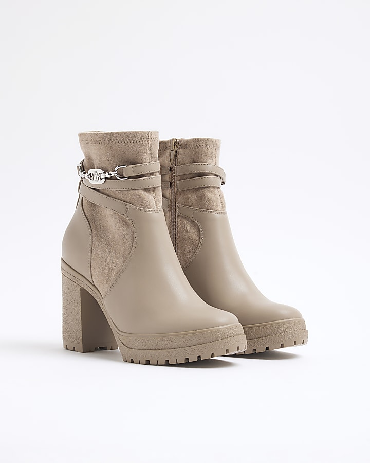 Beige wide fit hardware strap heeled boots