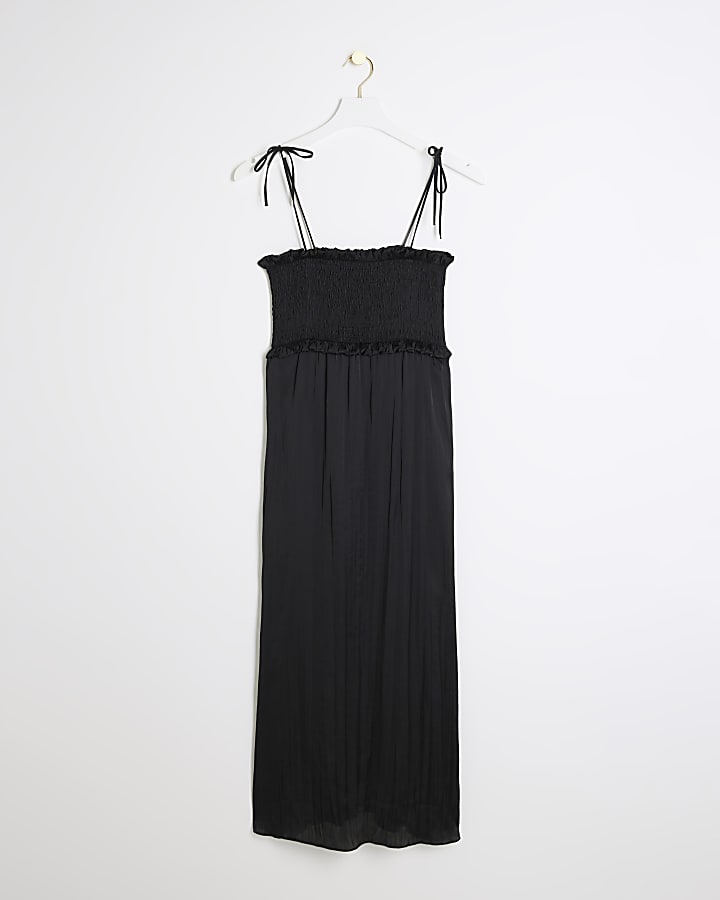 Black satin shirred slip midi dress