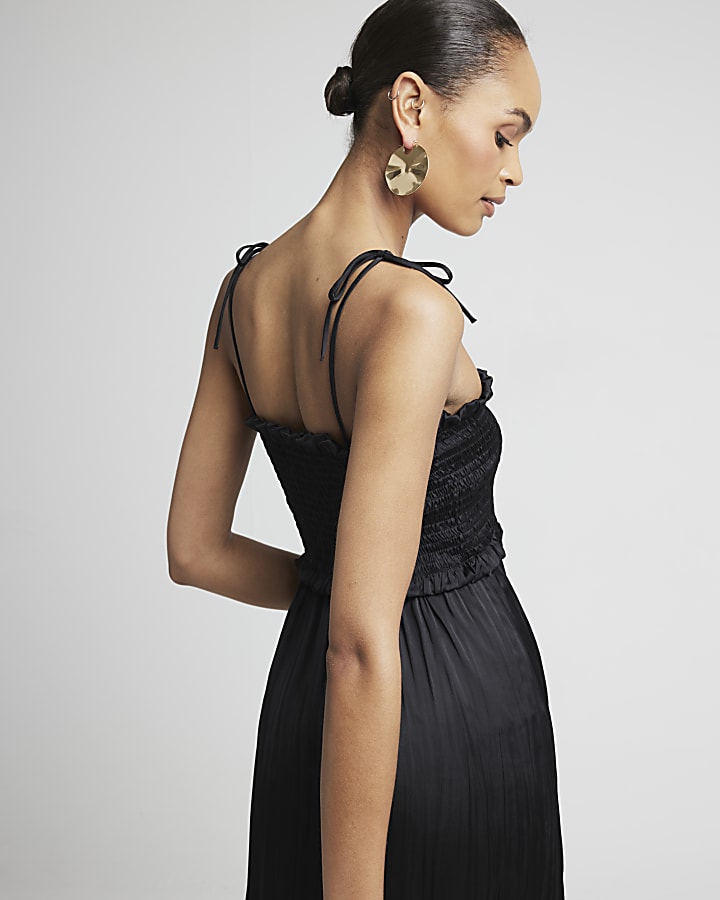 Black satin shirred slip midi dress