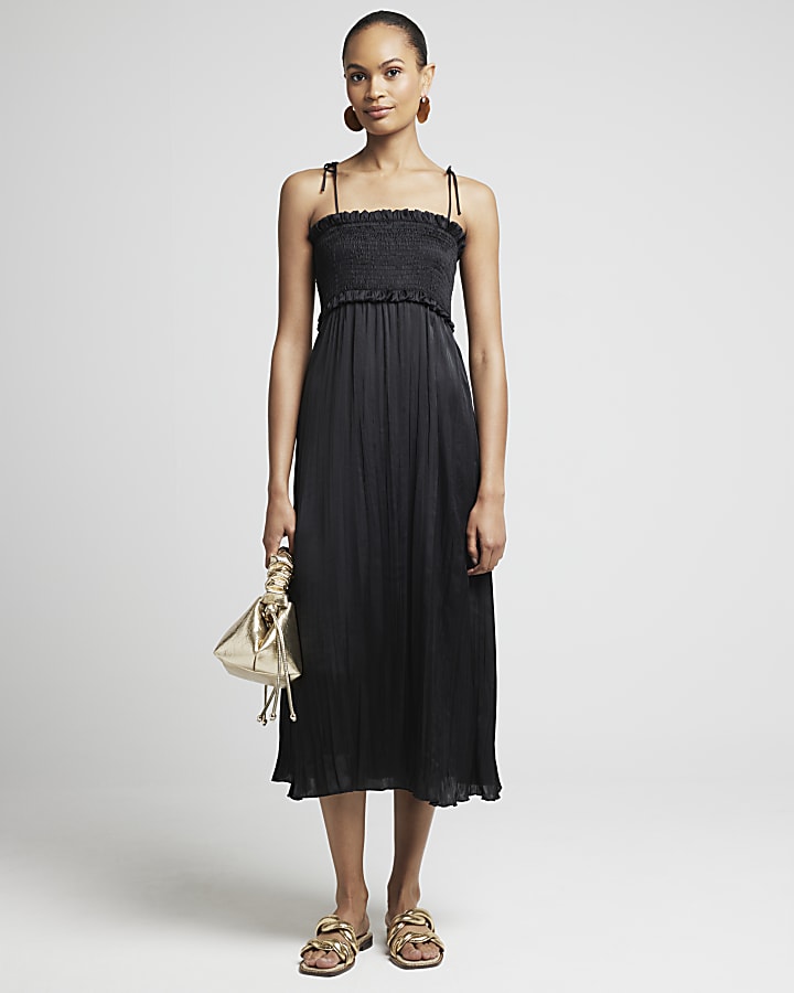 Black satin shirred slip midi dress