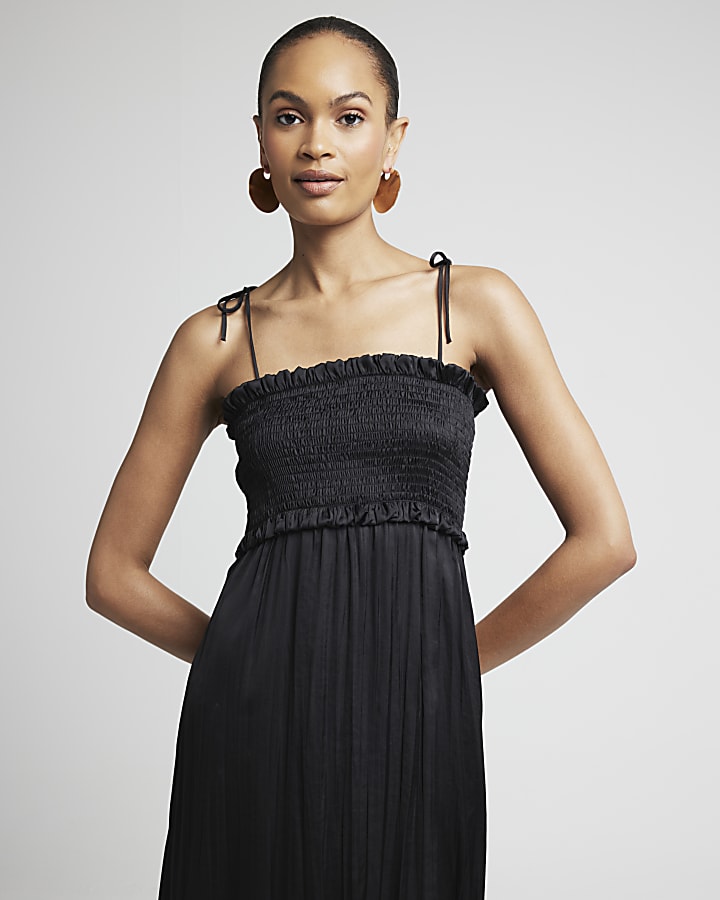 Black satin shirred slip midi dress