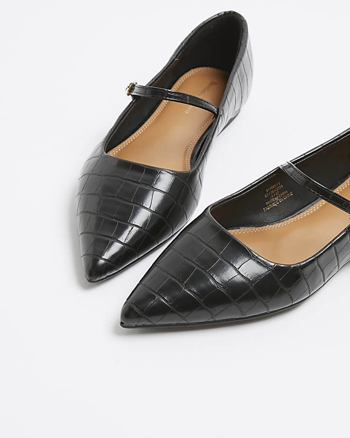 Black croc embossed pointed ballet pumps