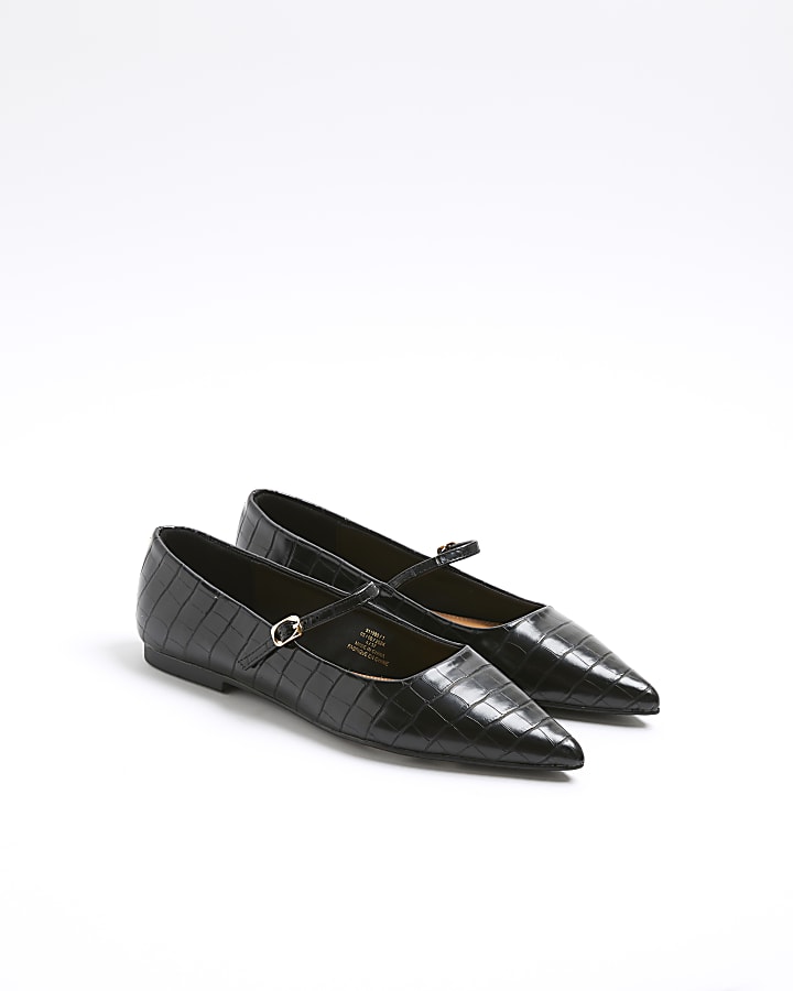 Black croc embossed pointed ballet pumps