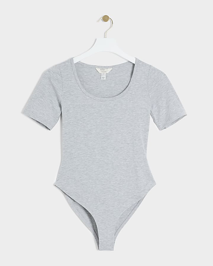 Grey Scoop Neck Short Sleeve Bodysuit