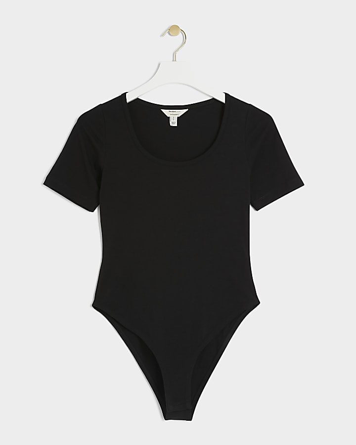 Black Scoop Neck Short Sleeve Bodysuit