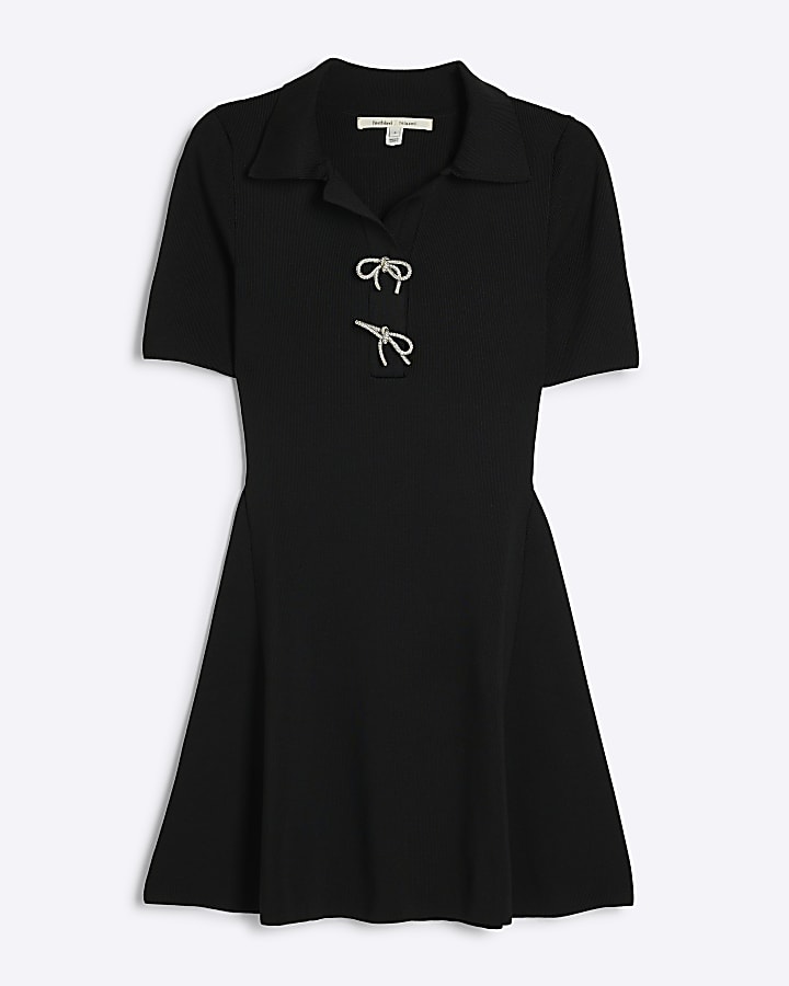 Black knit bow detail swing mini dress