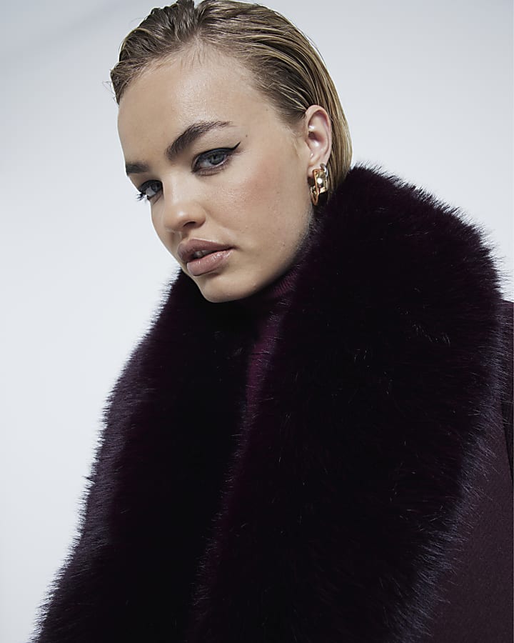 Red Faux Fur Collar Double Breasted Coat