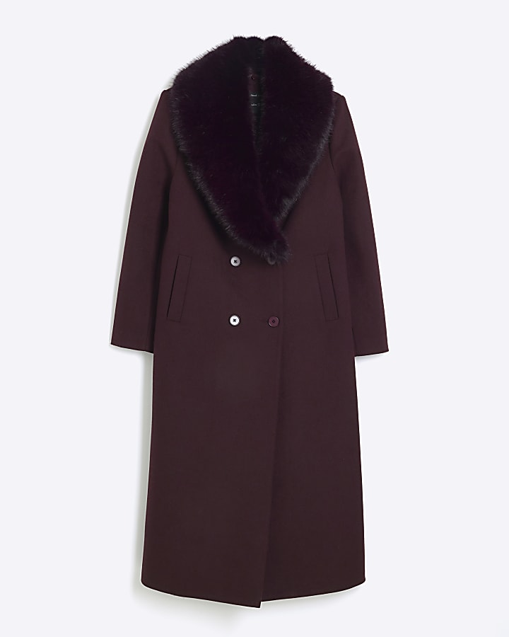 Red Faux Fur Collar Double Breasted Coat